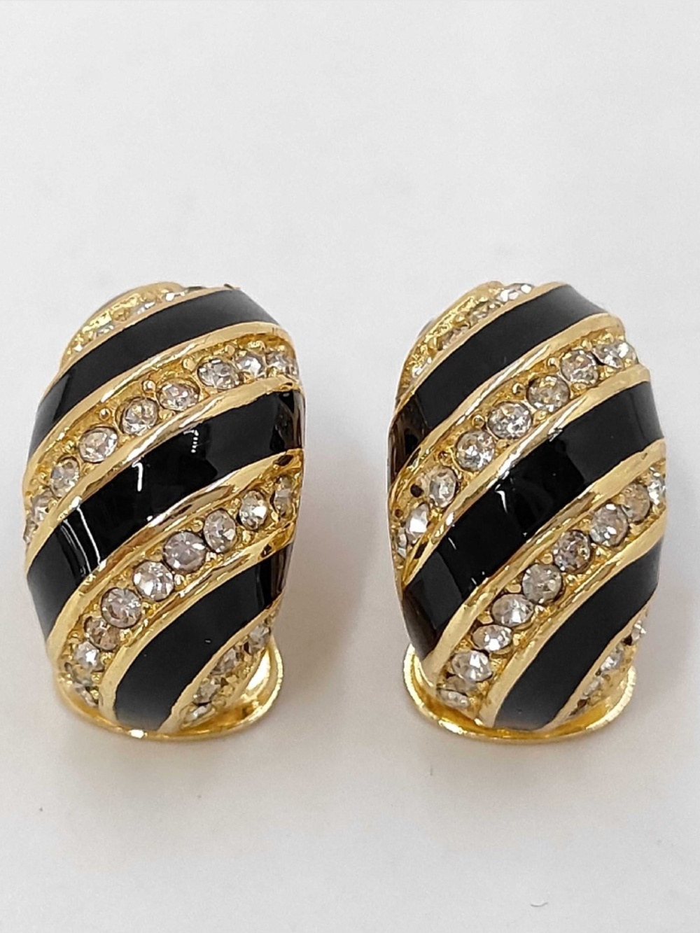 Christian Dior Vintage Black Enamel Rhinestone Clip-On Earrings w/ Box
